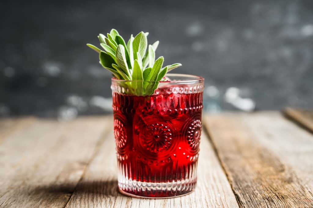A cocktail glass with red liquid and a sage garnish
