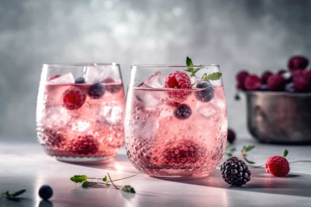 Close up of two nicely decorated cocktail glasses filled with berries and ice