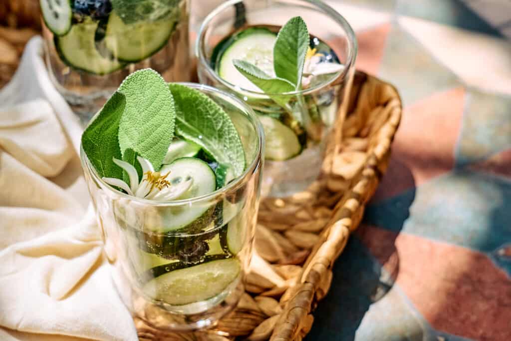 Cucumbers and sage in icy drinking glasses - cocktail gardening