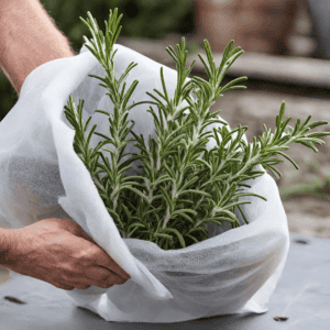 hands wrapping a rosemary plant in row cover fabric: how to protect soil and plants for winter